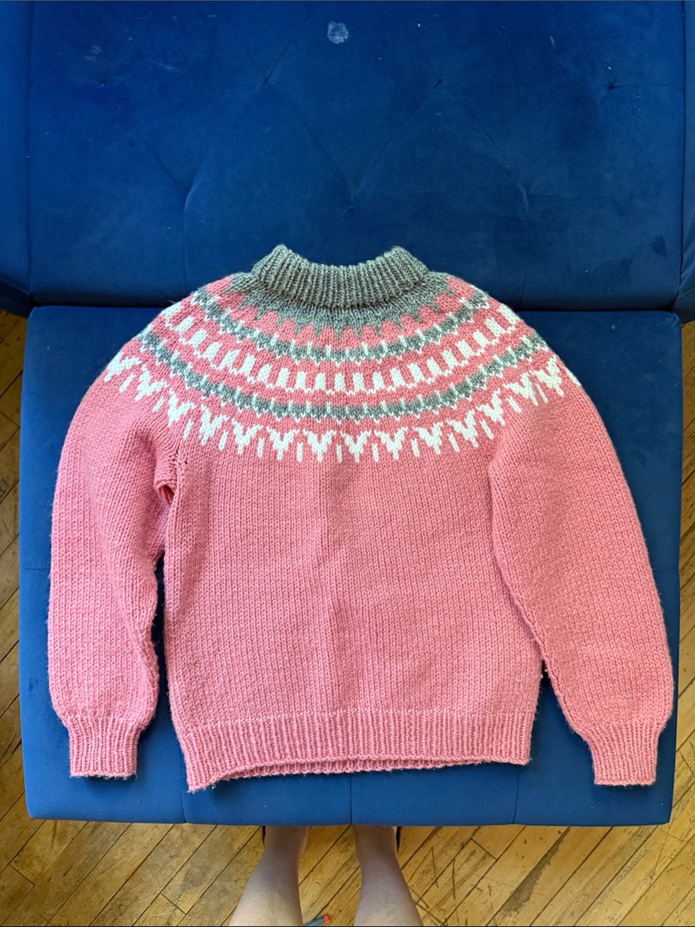 Women's Pink Fair Isle Turtleneck Sweater with Gray Yoke - Picture 2 of 3